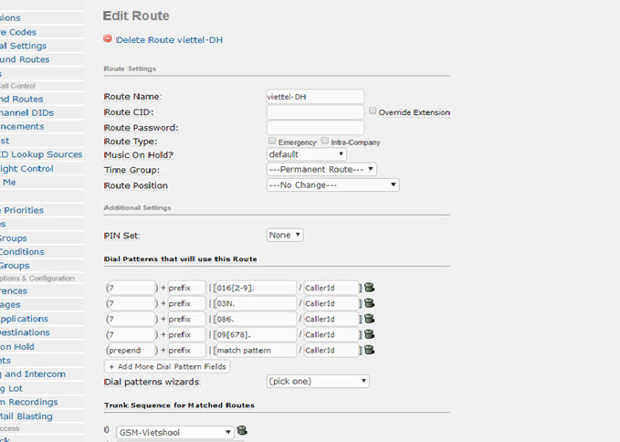Tạo OutBound Rule Viettel với Prepend là 7, Match pattern là Rule số Viettel