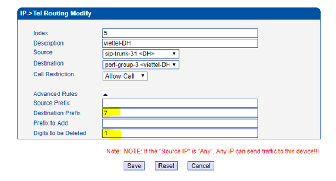 Tạo Rule Outbound trên Dinstar GSM có Destination Prefix là 7, Digits to be deleted là 1
