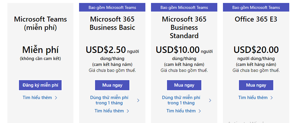 Bảng giá Microsoft Teams