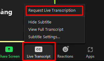 hướng dẫn sử dụng tính năng live transcrip trên zoom