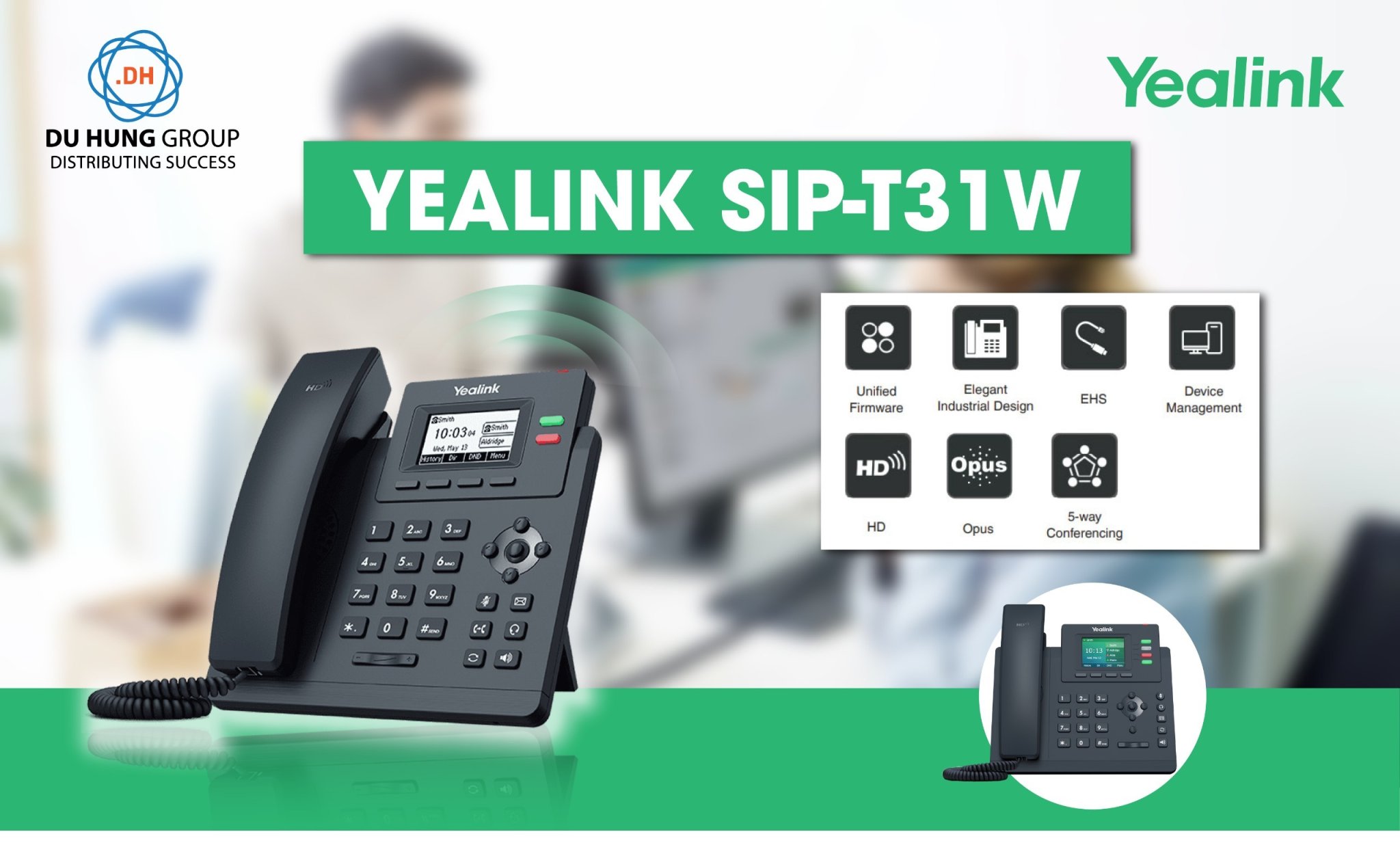 Điện thoại IP không dây Yealink SIP-T31W | Kết nối wifi, 2 tài khoản SIP